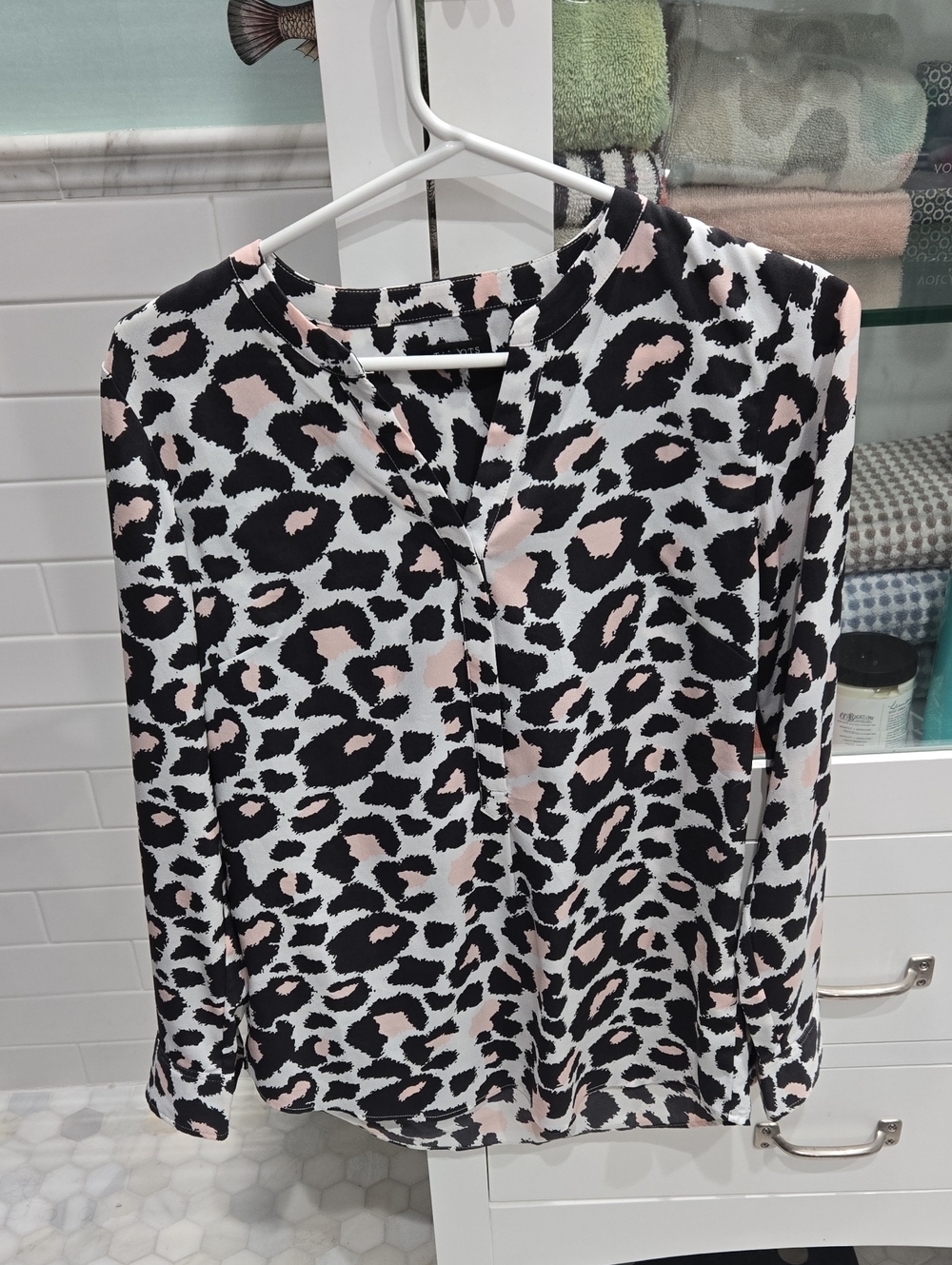 Talbots Black and Pink Leopard Print Long-Sleeve Blouse Size XS
